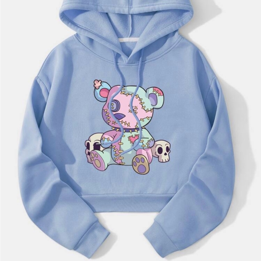 Blue Patchwork Bear Crop Top Hoodie